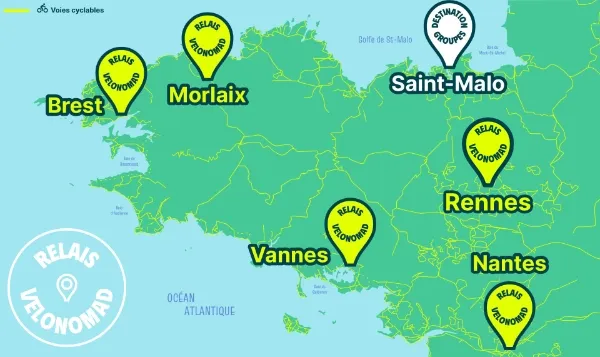 Les 6 points relais de Vélonomad en 2026, Brest, Morlaix, Vannes, Nantes, Rennes, Saint-Malo