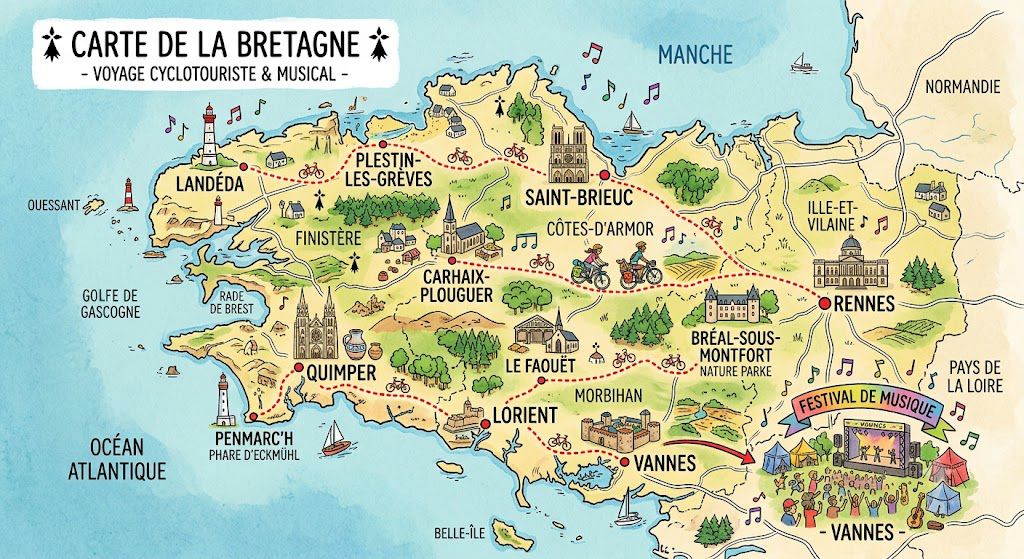 Une carte avec les festivals de musique en bretagne accessible à vélo généré par l'IA