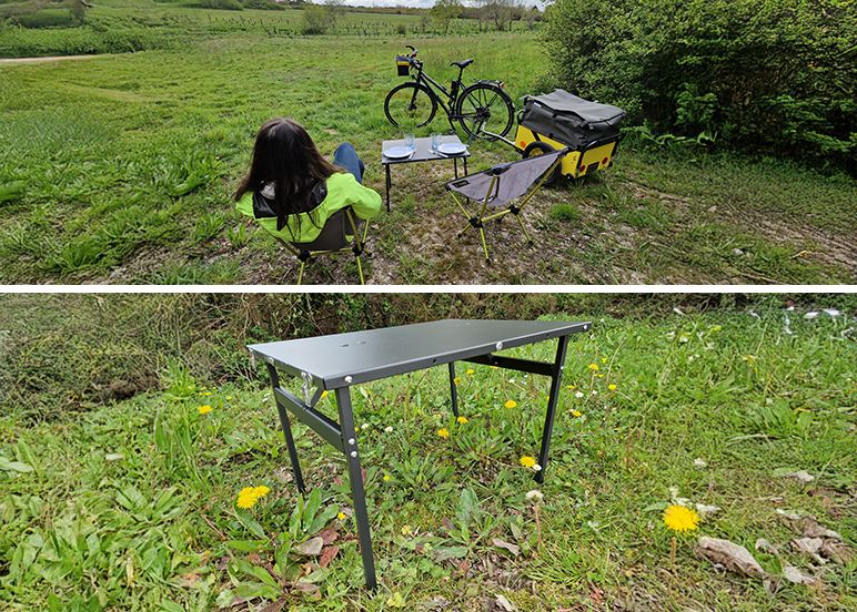 La table se range dans la remorque de vélo